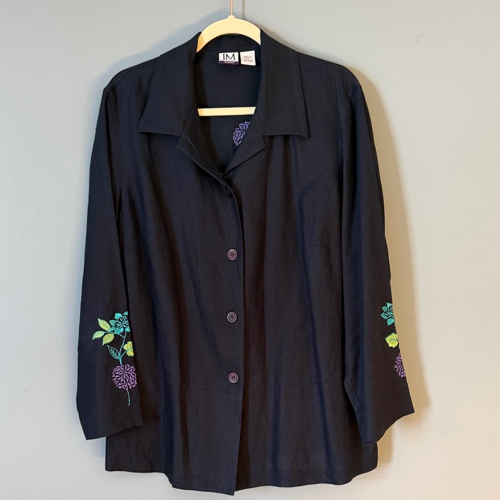 Navy Blue Floral Embroidered Women's Top/Jacket Linen Size XL/1X Like New